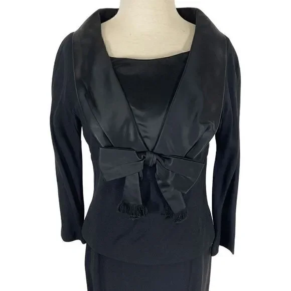 Jeunesse NY S VTG 10 Black Dress Set 1950s Day Suit Bow Volup Satin Shawl Collar - Picture 3 of 13